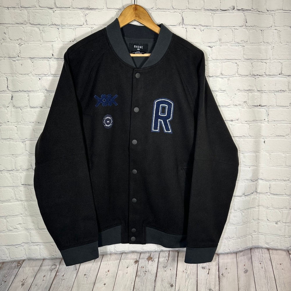 NEW Rhone The Crew Jacket Mens Large Black Special Edition Varsity Bomber